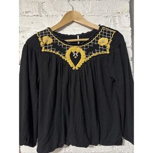 Free People, Black Long Sleeve Peasant Top With Floral Details Size Extra Small